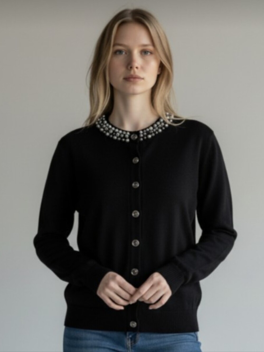 ESPERANZA! LUXE BLACK FINELY KNIT, RHINESTONE & BEAD COLLAR, CARDI SWEATER! XL